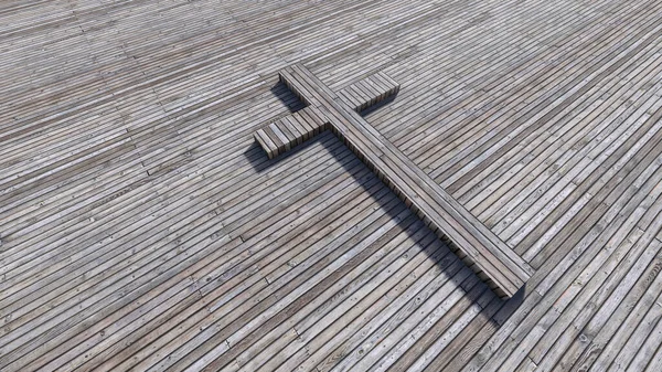 Concept or conceptual cross on a natural wood or wooden texture background. 3d illustration metaphor for God, Christ, Christianity, religious, faith, holy, spiritual, Jesus, belief, resurection