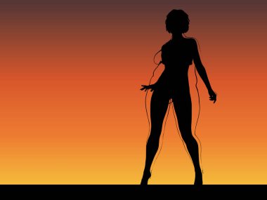 Vektör kavramsal şişman, şişman, şişman kadın, kilo verdikten sonra zayıf vücuda uyuyor ya da gün batımında kasları zayıf genç bir kadınla besleniyor. Fitness, beslenme veya şişmanlık obezite, sağlık şekli