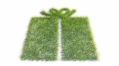 Kavramsal yeşil çimen çimeni kavramı ya da kavramsal yeşil çimen izole edilmiş beyaz arka plan, mevcut paket. 3D illüstrasyon metaforu, doğum günü yıldönümü, bayram, Noel, sürpriz, arkadaşlık