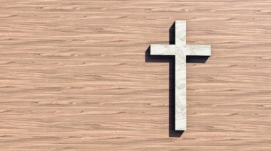Doğal ahşap ya da ahşap güverte zemininde kavramsal beyaz bilye haçı. Tanrı, İsa, din, inanç, kutsal, ruhani, İsa, inanç, diriliş için 3D metaforu