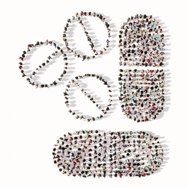 Beyaz arka planda ilaç imgesi oluşturan insanların kavramsal ya da kavramsal olarak büyük bir araya gelmesi. İlaç, sağlık ve ilaç endüstrisi için üç boyutlu bir tasvir metaforu