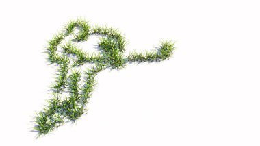 Beyaz arka planda izole edilmiş kavramsal yeşil çimen sembolü, bir hokey oyuncusunun işareti. Spor, rekabet, eğitim, hız, güç ve güç için üç boyutlu bir örnekleme metaforu