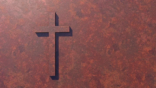 Concept or conceptual cross on a  rusted corroded metal or steel sheet backround. 3d illustration metaphor for God, Christ, Christianity, religious, faith, holy, spiritual, Jesus, belief, resurection