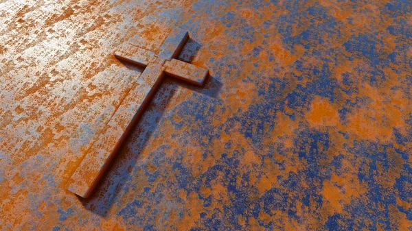 Concept or conceptual metal cross on a  rusted corroded metal or steel sheet background. 3d illustration metaphor for God, Christ, religious, faith, holy, spiritual, Jesus, belief or resurection