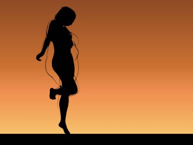 Vektör kavramsal şişman, şişman, şişman kadın, kilo verdikten sonra zayıf vücuda uyuyor ya da gün batımında kasları zayıf genç bir kadınla besleniyor. Fitness, beslenme veya şişmanlık obezite, sağlık şekli