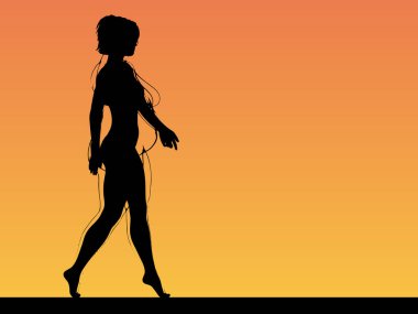 Vektör kavramsal şişman, şişman, şişman kadın, kilo verdikten sonra zayıf vücuda uyuyor ya da gün batımında kasları zayıf genç bir kadınla besleniyor. Fitness, beslenme veya şişmanlık obezite, sağlık şekli