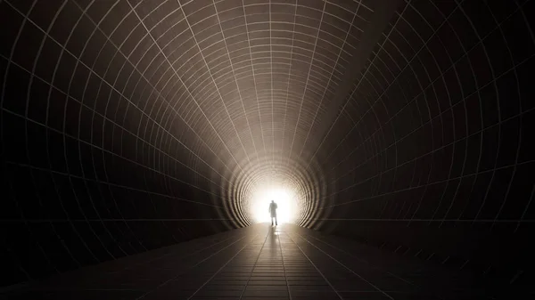 未来や希望 新しい機会や自由3Dイラストに人を歩くの黒のシルエットへのメタファーとしての終わりまたは出口で明るい光を持つ概念や概念ダークトンネル — ストック写真