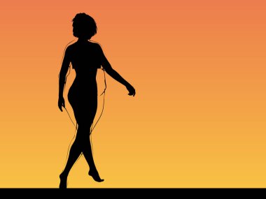 Vektör kavramsal şişman, şişman, şişman kadın, kilo verdikten sonra zayıf vücuda uyuyor ya da gün batımında kasları zayıf genç bir kadınla besleniyor. Fitness, beslenme veya şişmanlık obezite, sağlık şekli