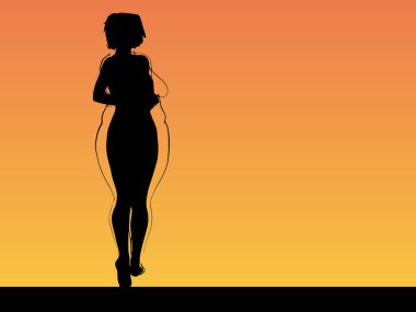 Vektör kavramsal şişman, şişman, şişman kadın, kilo verdikten sonra zayıf vücuda uyuyor ya da gün batımında kasları zayıf genç bir kadınla besleniyor. Fitness, beslenme veya şişmanlık obezite, sağlık şekli