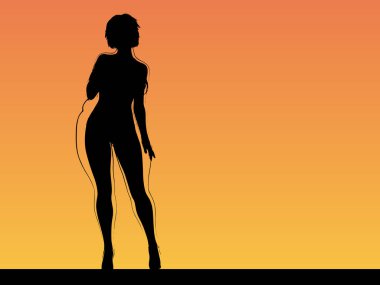 Vektör kavramsal şişman, şişman, şişman kadın, kilo verdikten sonra zayıf vücuda uyuyor ya da gün batımında kasları zayıf genç bir kadınla besleniyor. Fitness, beslenme veya şişmanlık obezite, sağlık şekli