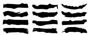 Artistik grungy siyah boya el koleksiyonu, arka planda yaratıcı fırça darbesi setini izole etti. Tasarım eğitimi veya grafik sanat dekorasyonu için bir grup soyut grunge çizimi 3d illüstrasyon