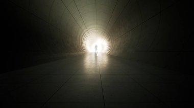 Başarının, inancın, geleceğin ya da umudun metaforu olarak parlak bir ışığa sahip kavramsal ya da kavramsal karanlık tünel ya da kavramsal karanlık tünel, yürüyen adamın yeni fırsatlara ya da özgürlüğe giden siyah silueti.