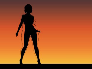 Vektör kavramsal şişman, şişman, şişman kadın, kilo verdikten sonra zayıf vücuda uyuyor ya da gün batımında kasları zayıf genç bir kadınla besleniyor. Fitness, beslenme veya şişmanlık obezite, sağlık şekli