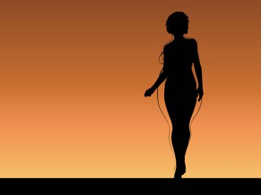 Vektör kavramsal şişman, şişman, şişman kadın, kilo verdikten sonra zayıf vücuda uyuyor ya da gün batımında kasları zayıf genç bir kadınla besleniyor. Fitness, beslenme veya şişmanlık obezite, sağlık şekli