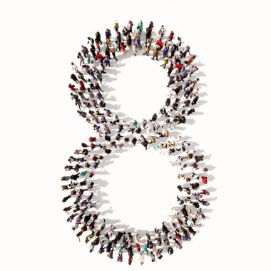 Yazı tipi 8 'i oluşturan kavramsal ya da kavramsal geniş topluluk. Birlik ve çeşitlilik için 3d illüstrasyon metaforu, insani yardım, takım çalışması, işbirliği, eğitim, arkadaşlık ve toplum