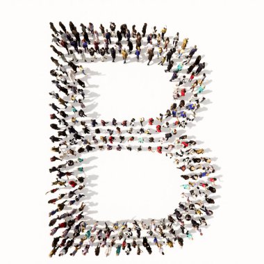 B yazı tipini oluşturan insanların kavramsal ya da kavramsal topluluğu. Birlik ve çeşitlilik için 3d illüstrasyon metaforu, insani yardım, takım çalışması, işbirliği, eğitim, arkadaşlık ve toplum