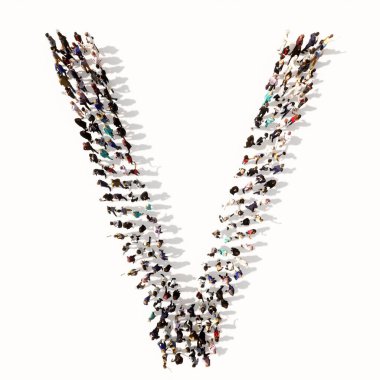 V yazı tipini oluşturan kavramsal ve kavramsal geniş topluluk birliği ve çeşitliliği gösteren metafor, insani yardım, takım çalışması, işbirliği, eğitim, arkadaşlık ve topluluk