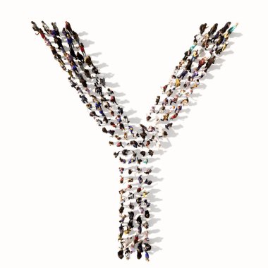 Y yazı tipini oluşturan insanların kavramsal ya da kavramsal topluluğu. Birlik ve çeşitlilik için 3d illüstrasyon metaforu, insani yardım, takım çalışması, işbirliği, eğitim, arkadaşlık ve toplum