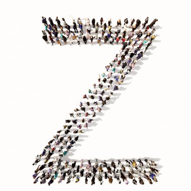Z yazı tipini oluşturan insanların kavramsal ya da kavramsal büyük topluluğu. Birlik ve çeşitlilik için 3d illüstrasyon metaforu, insani yardım, takım çalışması, işbirliği, eğitim, arkadaşlık ve toplum
