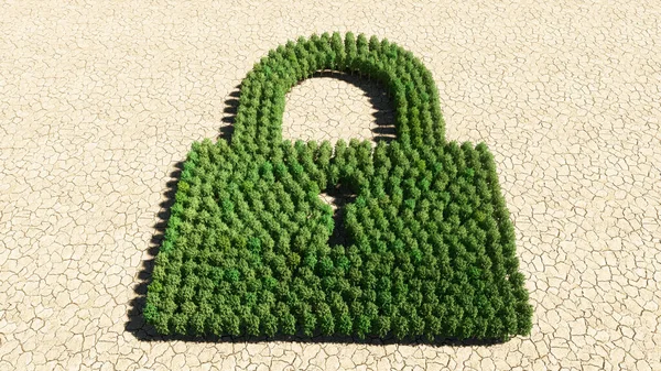 Concept or conceptual group of green forest tree on dry ground background, padlock icon. 3d illustration metaphor for communication, encryption, security, privacy and technology