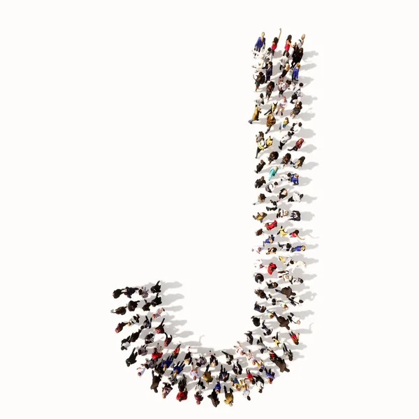 Concept or conceptual large community of people forming the font J. 3d illustration metaphor for unity and diversity, humanitarian, teamwork, cooperation, education, friendship and community