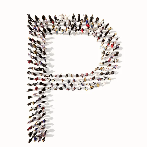 Concept or conceptual large community of people forming the font P. 3d illustration metaphor for unity and diversity, humanitarian, teamwork, cooperation, education, friendship and community