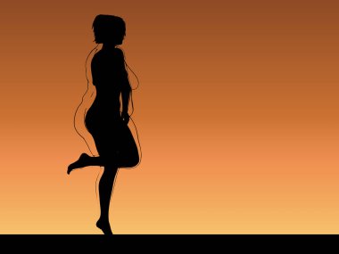 Vektör kavramsal şişman, şişman, şişman kadın, kilo verdikten sonra zayıf vücuda uyuyor ya da gün batımında kasları zayıf genç bir kadınla besleniyor. Fitness, beslenme veya şişmanlık obezite, sağlık şekli