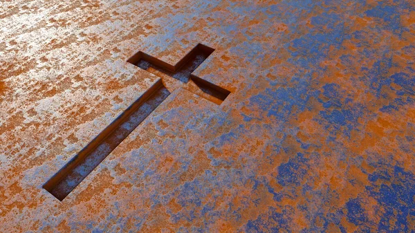 Concept or conceptual metal cross on a  rusted corroded metal or steel sheet background. 3d illustration metaphor for God, Christ, religious, faith, holy, spiritual, Jesus, belief or resurection