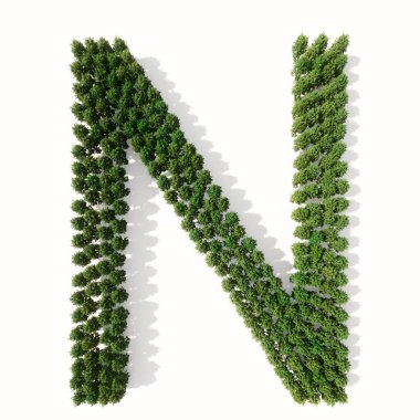 Beyaz zemin üzerinde izole edilmiş yeşil orman ağacı kavramsal veya kavramsal grubu, doğa, koruma, küresel ısınma, çevre, ekoloji, iklim, ilkbahar veya yaz için 3 boyutlu yazı örnekleme metaforu