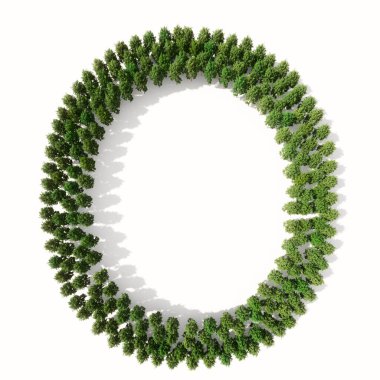 Beyaz arka planda izole edilmiş yeşil orman ağacı kavramsal grubu veya kavramsal grubu, yazı tipi O. Doğa, koruma, küresel ısınma, çevre, ekoloji, iklim, ilkbahar ya da yaz için 3d metaforu