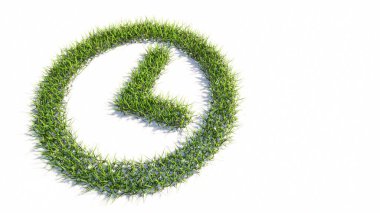 Kavramsal yeşil çimen sembolü, izole edilmiş beyaz arka plan, saat simgesi. 3d zaman, geri sayım, kronometre, iş ve teslim tarihi metaforu