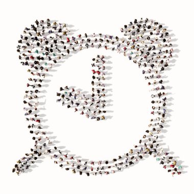 Alarm saat simgesini oluşturan kavramsal geniş topluluk. 3d zaman, geri sayım, bildirim, yoğunluk, uygulama ve son teslim tarihi metaforu