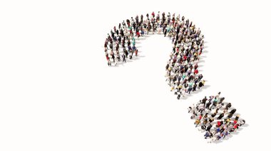 Soru işaretini oluşturan kavramsal geniş topluluk. 3 boyutlu iletişim, sorgulama, tavsiye, yaratıcı düşünme, çözüm, destek metaforu