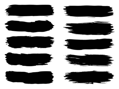 Vektör koleksiyonu ya da sanatsal siyah boya seti, mürekkep ya da akrilik el, grunge ya da grungy art olarak beyaza izole edilmiş yaratıcı fırça darbeleri, eğitim soyut unsurlar çerçeve tasarımı