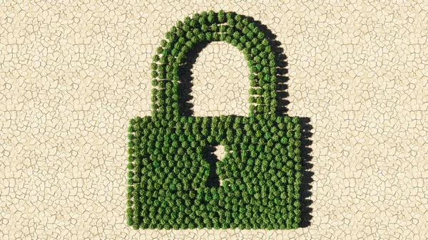 Concept or conceptual group of green forest tree on dry ground background, padlock icon. 3d illustration metaphor for communication, encryption, security, privacy and technology