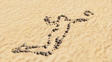 Kumsaldaki kavramsal taşlar el yapımı sembol şekli, altın kumlu arka plan, voleybol oyuncusu işareti. Spor, yarışma eğitimi, rahatlama, aile ve eğlence için 3D illüstrasyon metaforu