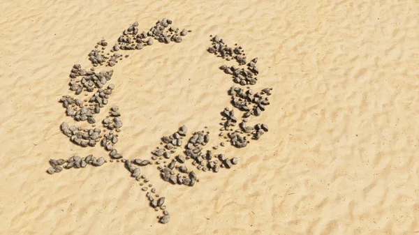 概念概念石上的沙滩上手工制作的象征形状 金砂背景 月桂花花环标志 3D比喻胜利 — 图库照片