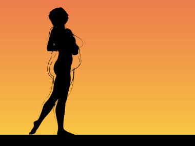 Vektör kavramsal şişman, şişman, şişman kadın, kilo verdikten sonra zayıf vücuda uyuyor ya da gün batımında kasları zayıf genç bir kadınla besleniyor. Fitness, beslenme veya şişmanlık obezite, sağlık şekli