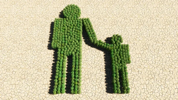 Concept or conceptual group of green forest tree on dry ground background, adult and child holding hands sign. 3d illustration metaphor for family, education, warning, prevention and security