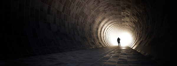 Концепция или концептуальный темный туннель с ярким светом в конце или выход в качестве метафоры успеха, веры, будущего или надежды, черный силуэт ходьба человека к новой возможности или свободы 3D иллюстрации