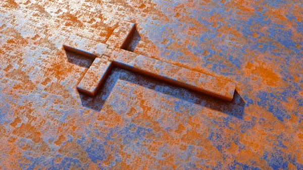 Concept or conceptual metal cross on a  rusted corroded metal or steel sheet background. 3d illustration metaphor for God, Christ, religious, faith, holy, spiritual, Jesus, belief or resurection