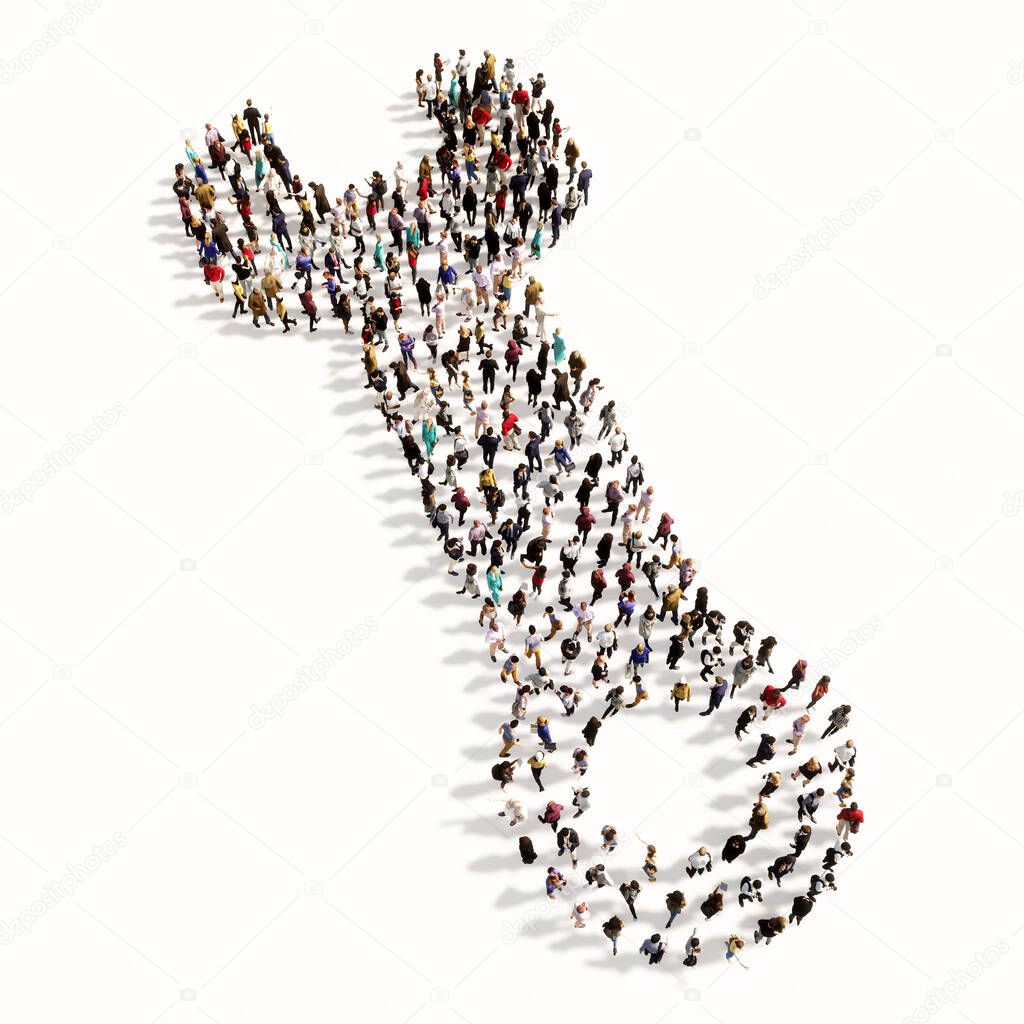Concept conceptual large community of people forming the settings sign. 3d illustration metaphor for connection, engineering,  maintenance, service and support