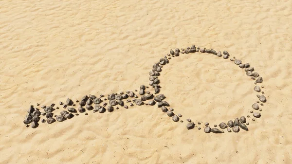 Concept Conceptual Stones Beach Sand Handmade Symbol Shape Golden Sandy — Stock Photo, Image