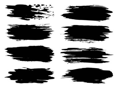 Artistik kirli siyah el koleksiyonu beyaz arka planda izole edilmiş yaratıcı fırça darbesi setini oluşturdu. Tasarım eğitimi veya grafik sanat dekorasyonu için bir grup soyut grunge çiziminin 3d çizimi