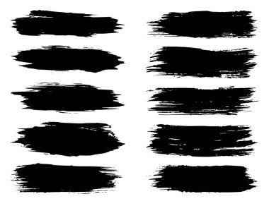 Artistik kirli siyah el koleksiyonu beyaz arka planda izole edilmiş yaratıcı fırça darbesi setini oluşturdu. Tasarım eğitimi veya grafik sanat dekorasyonu için bir grup soyut grunge çiziminin 3d çizimi
