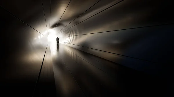 Concept or conceptual dark tunnel with a bright light at the end or exit as metaphor to success, faith, future or hope, a black silhouette of walking man to new opportunity or freedom 3d illustration