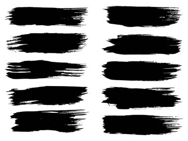 Artistik kirli siyah el koleksiyonu beyaz arka planda izole edilmiş yaratıcı fırça darbesi setini oluşturdu. Tasarım eğitimi veya grafik sanat dekorasyonu için bir grup soyut grunge çiziminin 3d çizimi