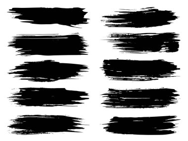 Artistik kirli siyah el koleksiyonu beyaz arka planda izole edilmiş yaratıcı fırça darbesi setini oluşturdu. Tasarım eğitimi veya grafik sanat dekorasyonu için bir grup soyut grunge çiziminin 3d çizimi