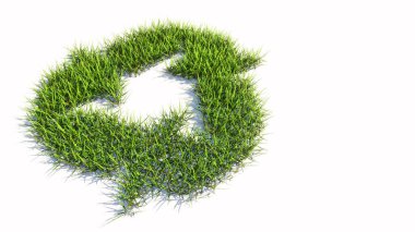 Kavramsal yeşil çimen sembolü izole edilmiş beyaz arka plan, geri dönüşüm işareti. Çevrenin geri dönüşümü, atık azaltılması, korunması ve korunması için 3d illüstrasyon metaforu