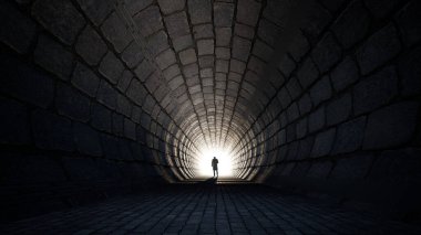 Başarının, inancın, geleceğin ya da umudun metaforu olarak parlak bir ışığa sahip kavramsal ya da kavramsal karanlık tünel ya da kavramsal karanlık tünel, yürüyen adamın yeni fırsatlara ya da özgürlüğe giden siyah silueti.